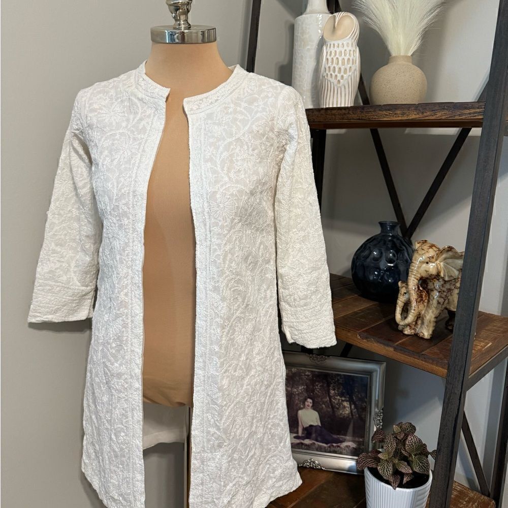 Gretchen Scott Designs White Lace Embroidered Tunic Open Front Cover Up SZ XS